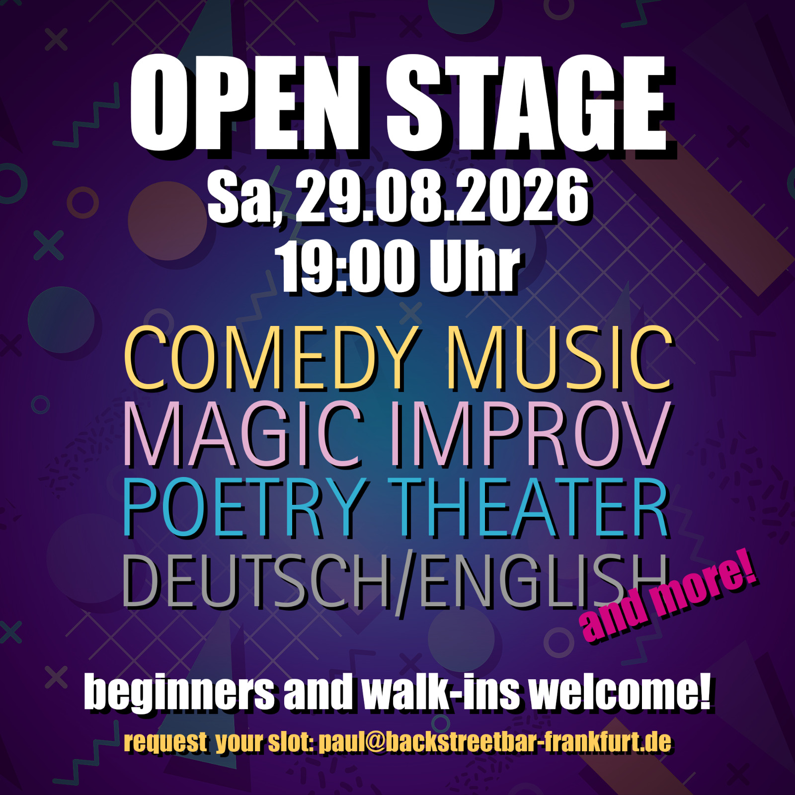 29.08. OPEN STAGE: Backstreet Bar, Ginnheim